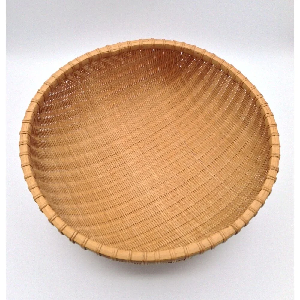 Vtg Bamboo Woven Basket Round Handmade Storage Gathering Bowl Boho Farmhouse 13